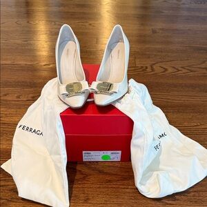Salvatore Ferragamo White Heels with Gold Accents